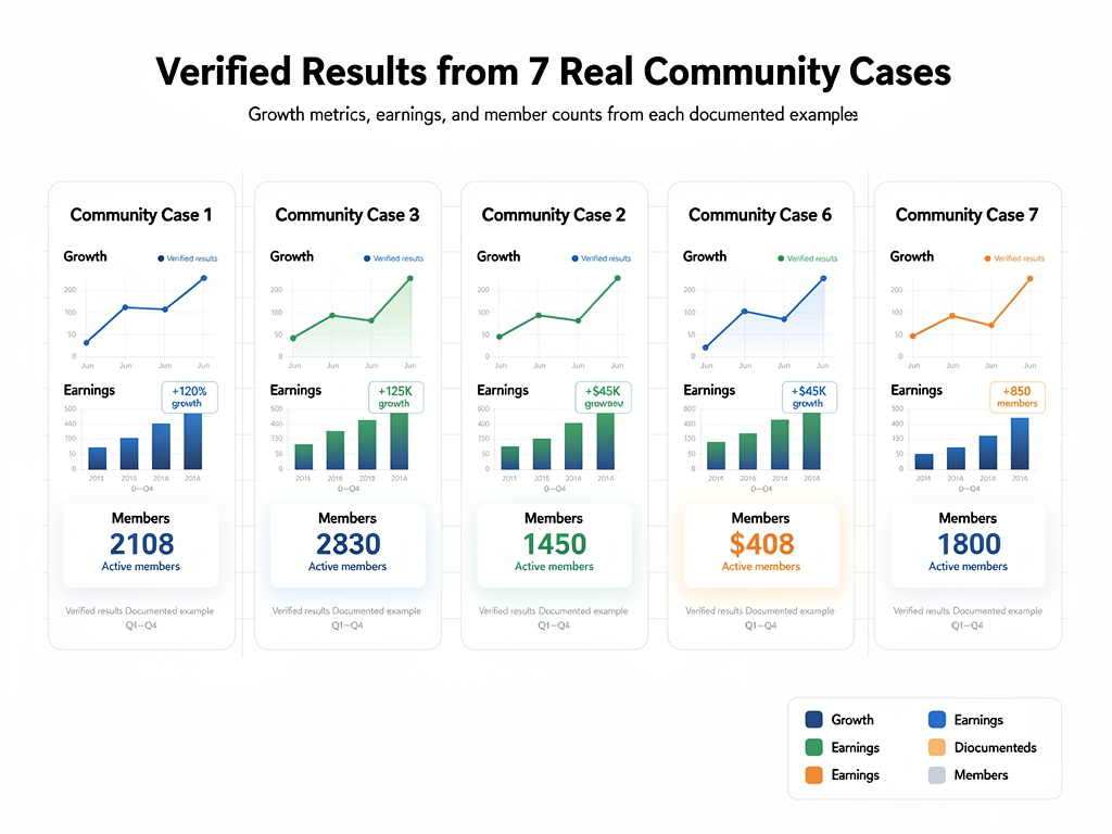 Chart displaying verified results from 7 top crypto Telegram groups including member growth and documented earnings