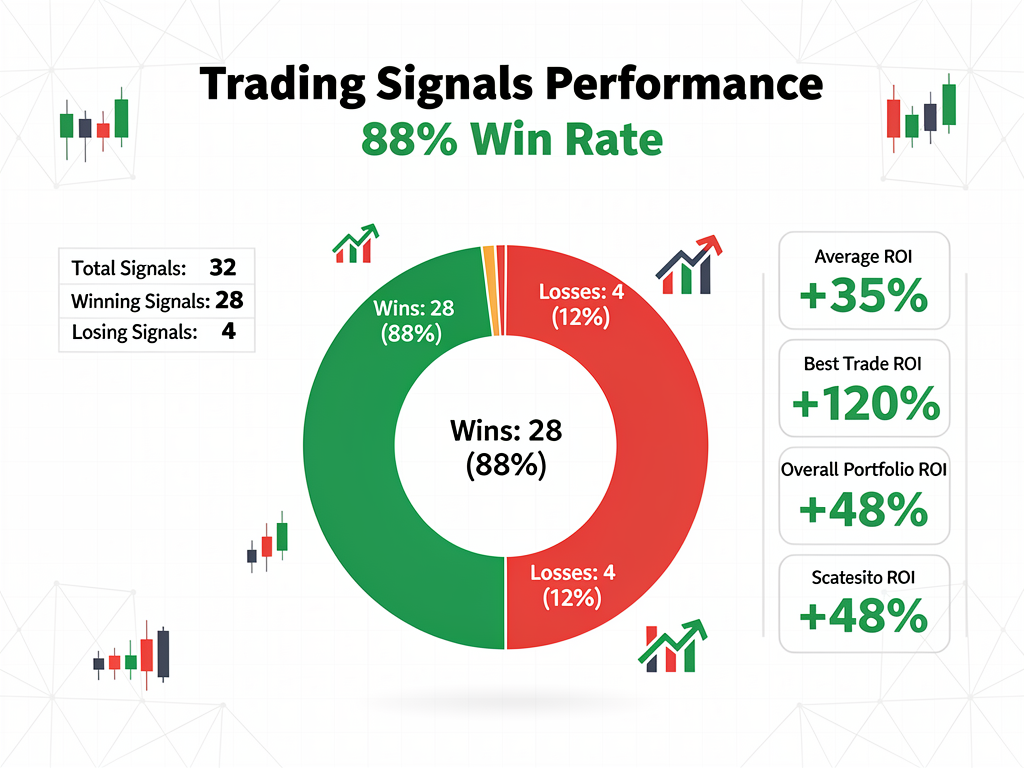 Best crypto signals telegram free performance chart showing 88% win rate with 28 profitable trades out of 32 signals