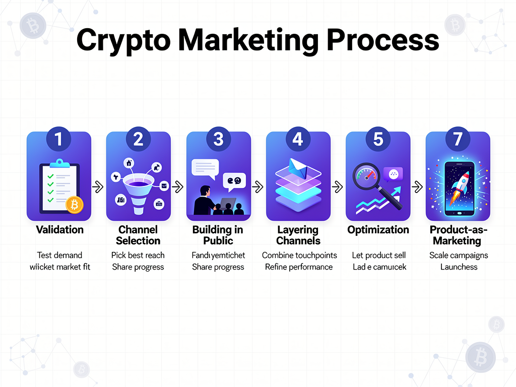 Step-by-step crypto marketing process flowchart showing seven stages from demand validation to scaling and optimization