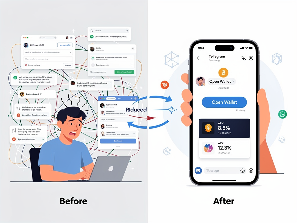 Before and after comparison showing simplified crypto wallet access through Telegram reducing user friction
