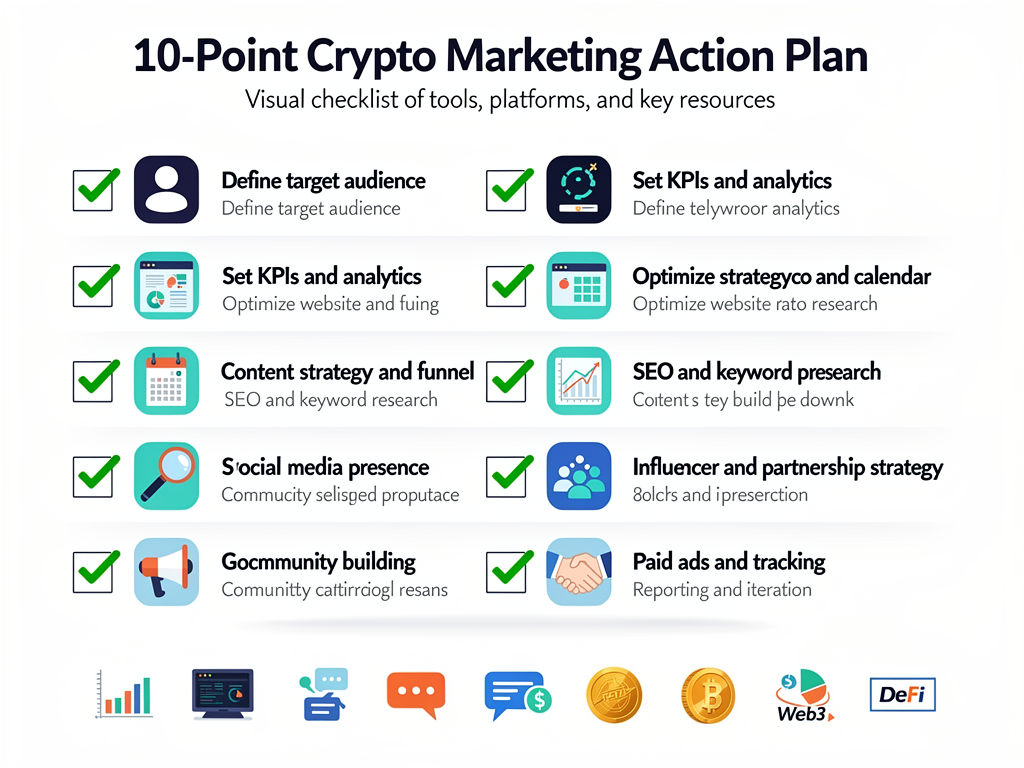 Crypto marketing action checklist showing essential tools and steps for working with specialized agencies