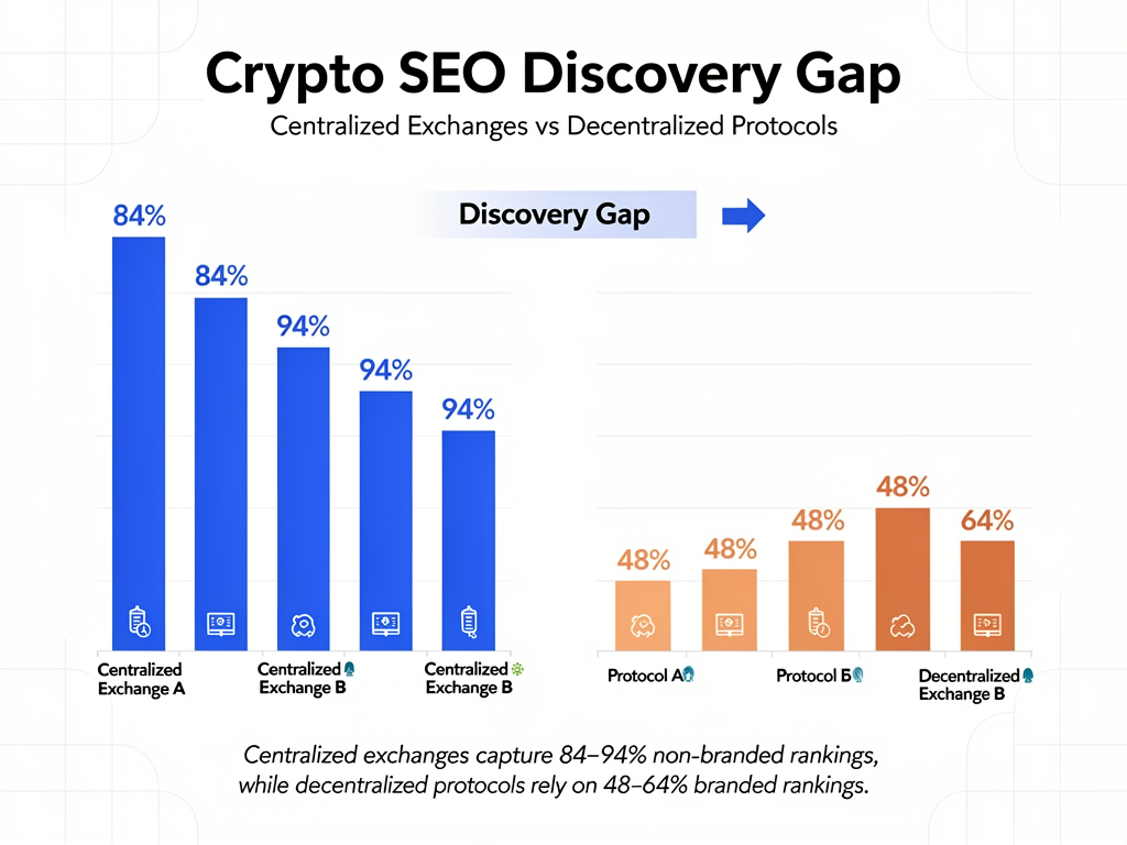 SEO for crypto comparison chart showing centralized exchanges versus decentralized protocols keyword ranking distribution