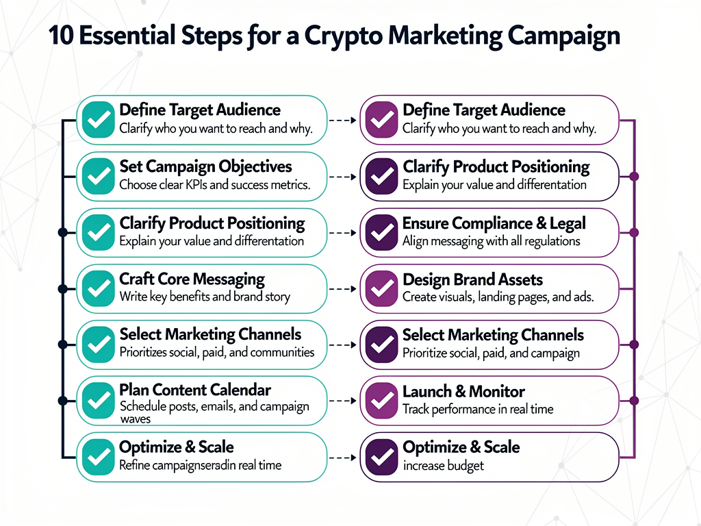 Essential checklist for launching successful crypto marketing campaigns with 10 actionable steps from planning to execution