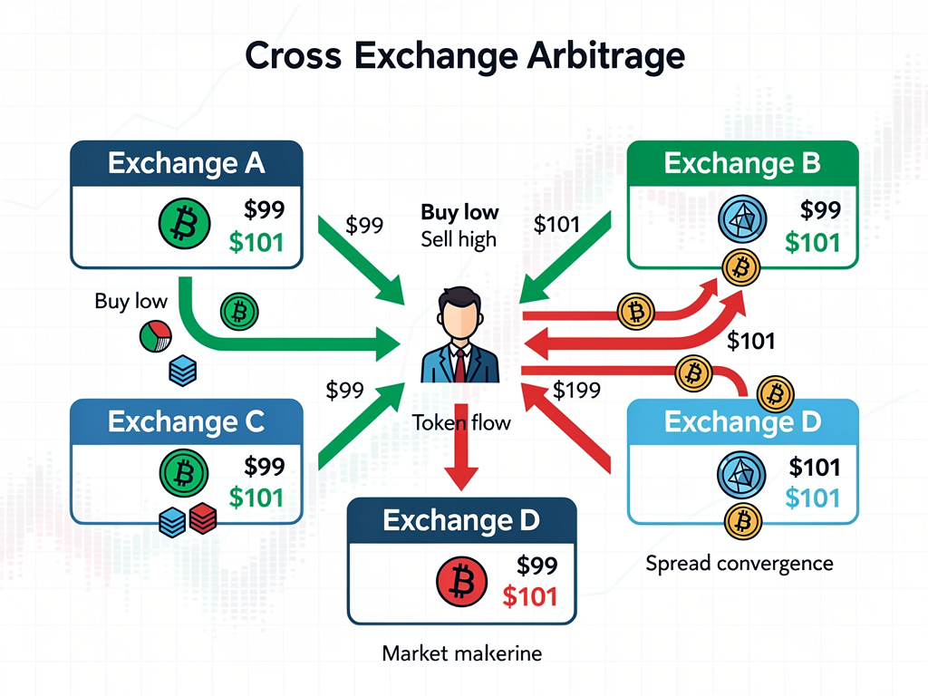 Market maker arbitrage across crypto exchanges showing how firms unify liquidity and tighten spreads