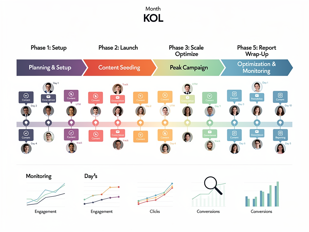 Step-by-step timeline of a 30-day phased KOL crypto campaign with coordinated content rollout