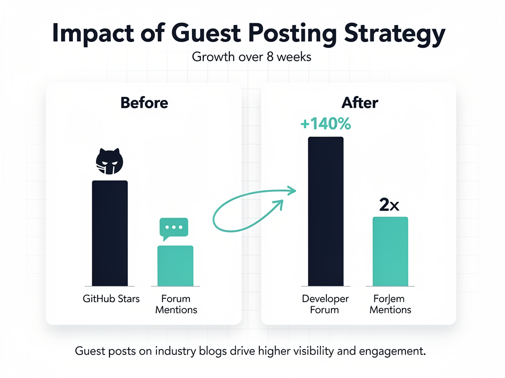 Growth metrics chart showing 140% GitHub star increase and doubled developer mentions from crypto guest posting campaign