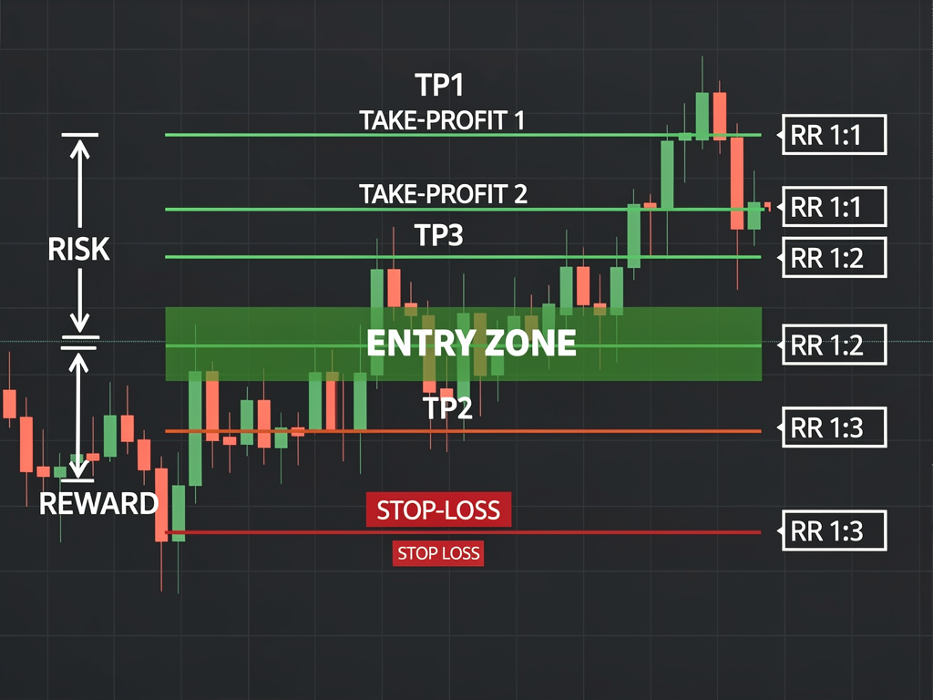 Example trading signal format with entry stop-loss and take-profit levels showing risk-reward ratio