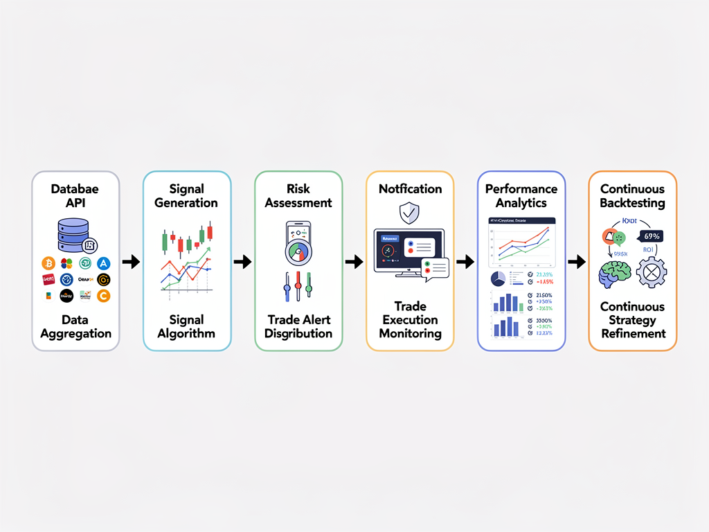 Professional crypto signal service workflow diagram showing multi-factor analysis and automated execution process