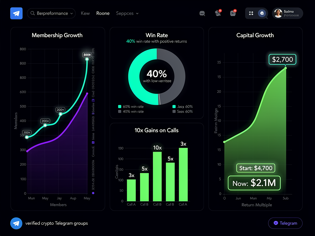 Chart displaying verified performance data from best Telegram crypto groups with documented membership growth and trading results