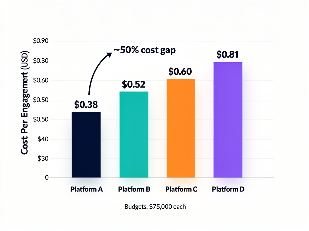 Cost per engagement comparison chart for crypto advertising platforms showing 50 percent variance on identical budgets