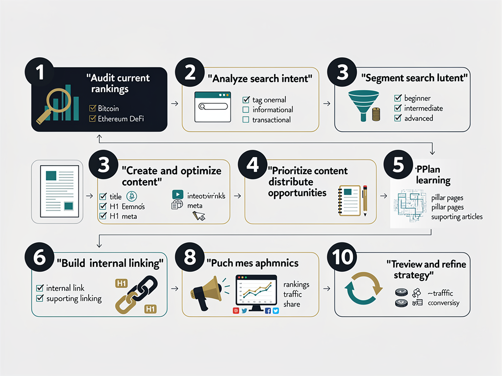 Crypto keywords action checklist with step-by-step workflow for implementing organic search strategy in blockchain projects