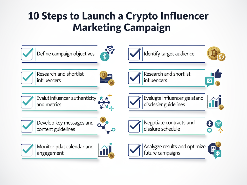 Implementation checklist for launching crypto influencer marketing campaigns with tracking, compliance, and optimization steps