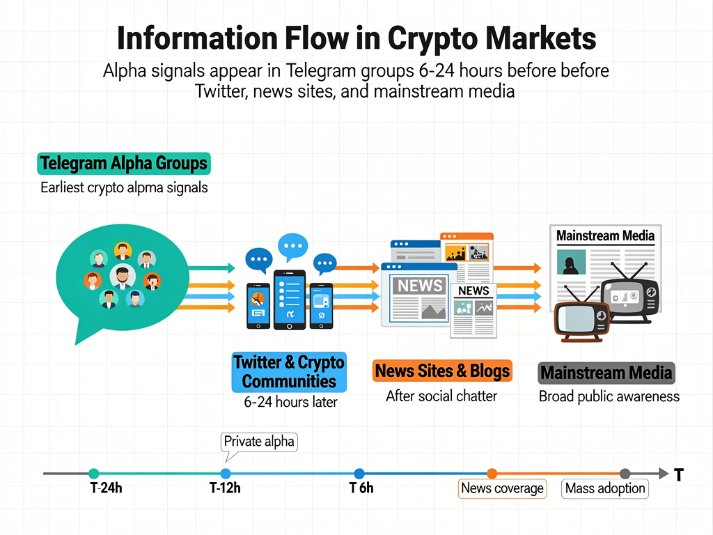 Timeline showing cryptocurrency Telegram groups delivering alpha signals hours before mainstream crypto media