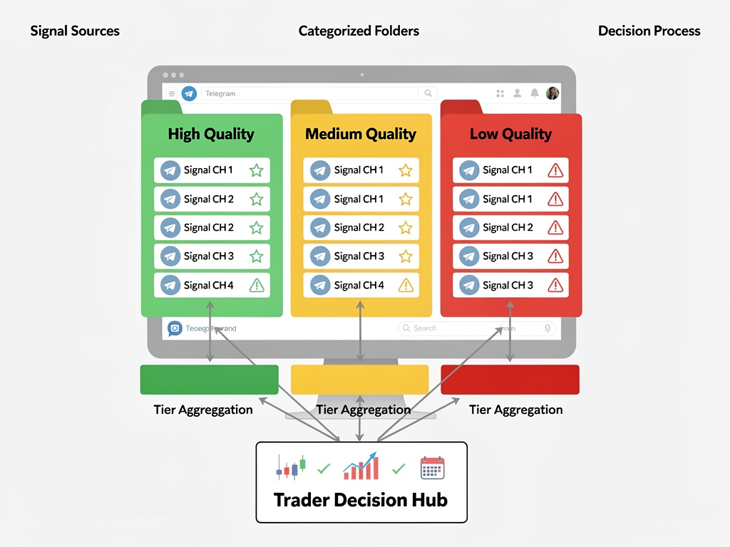 Telegram channel organization system for crypto buy sell signals showing multiple grouped channels by quality tier