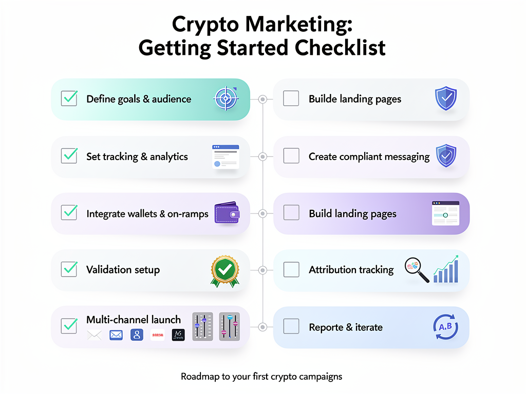 Crypto marketing implementation checklist showing ten actionable steps from validation to campaign optimization and performance tracking