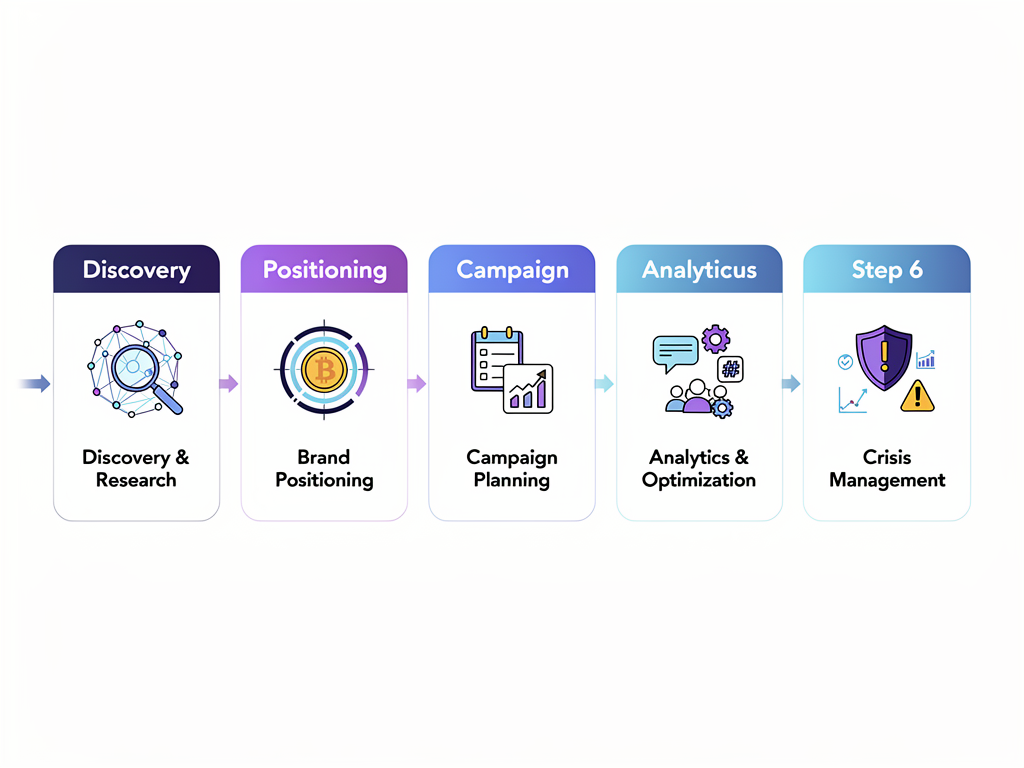 Six-step process diagram showing how specialized crypto marketing agencies execute campaigns from discovery to optimization