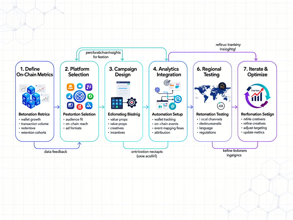 Step-by-step flowchart of blockchain marketing strategy process from defining metrics to iteration based on on-chain data