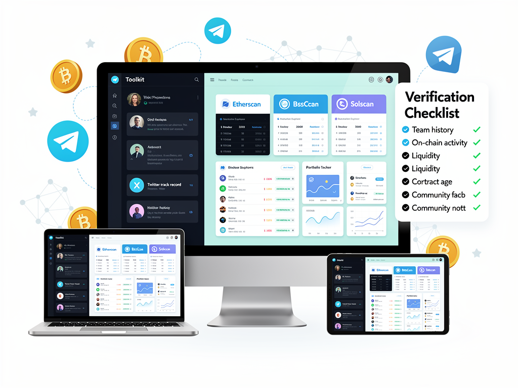 Toolkit infographic showing verification tools and resources for evaluating best Telegram crypto groups