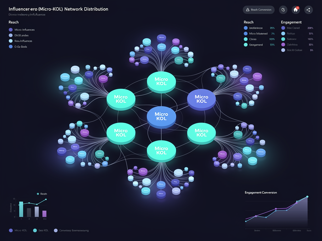 Micro-influencer marketing network diagram for crypto projects showing KOL distribution and audience reach