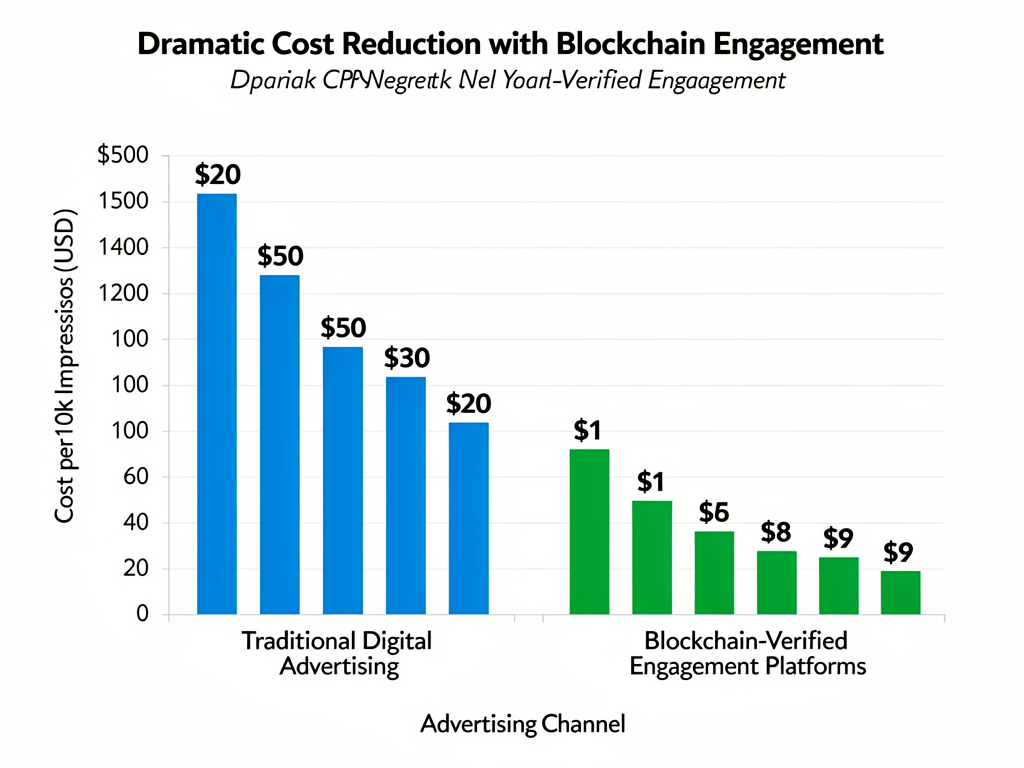 Cost comparison chart showing blockchain marketing strategy achieving single-digit CPM versus traditional advertising platforms