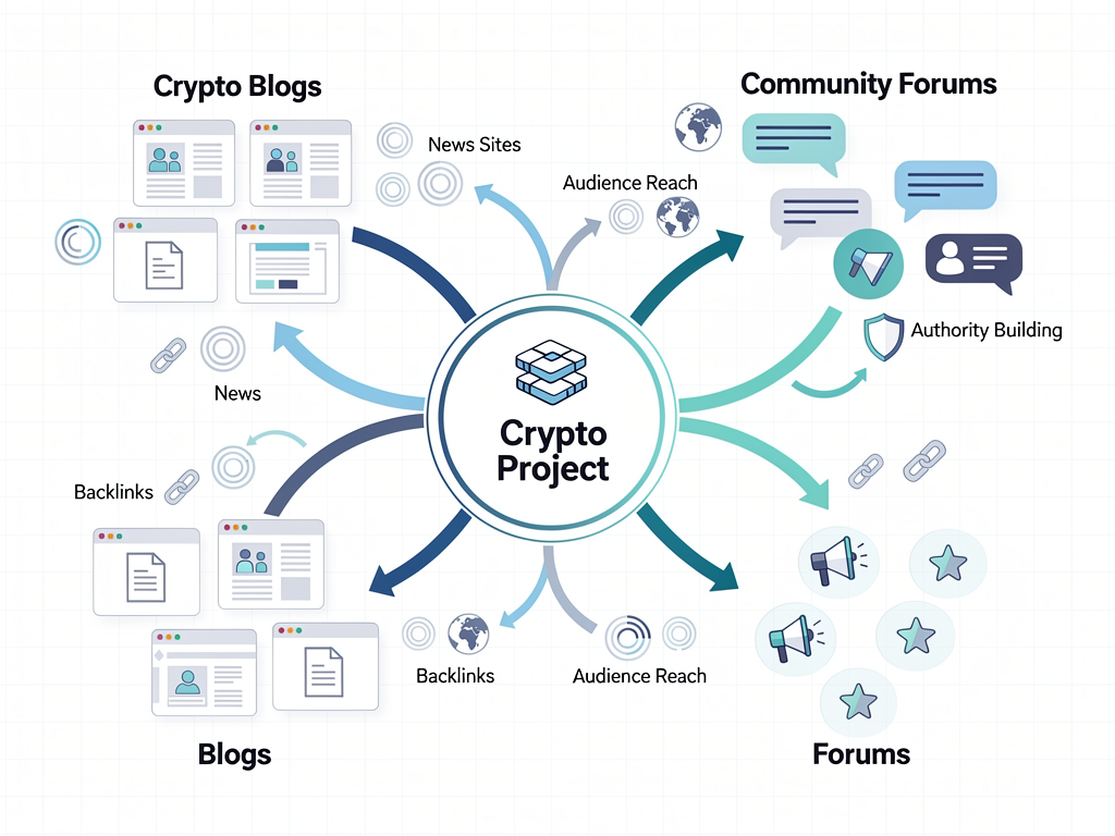 Crypto guest posting ecosystem diagram showing connections between projects and third-party platforms for backlinks and authority