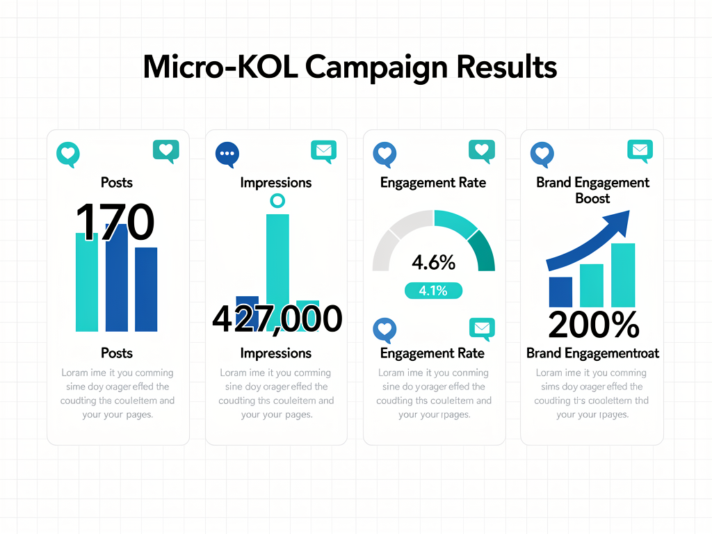 Micro-KOL crypto influencer campaign results showing 170 posts, 427,000 impressions, and 200% engagement increase