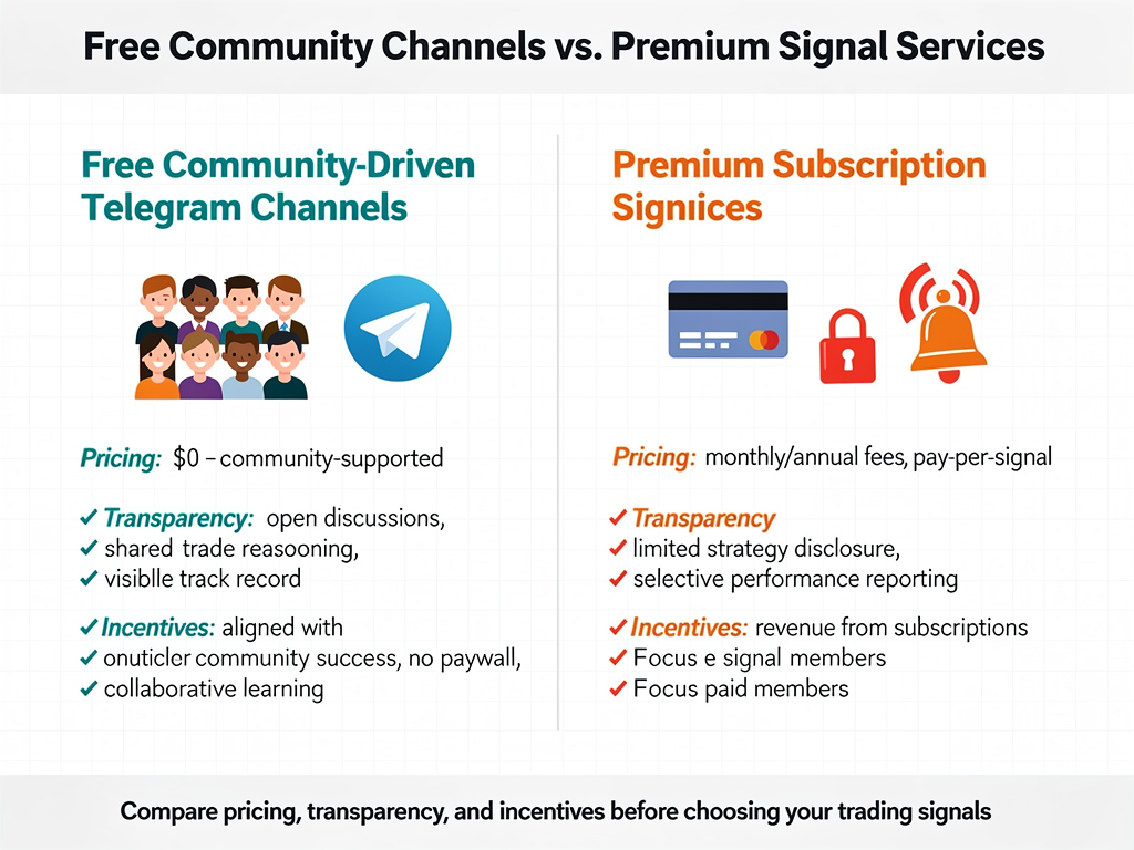 Crypto whale signals telegram channel comparison between free community channels and premium subscription services with pricing models