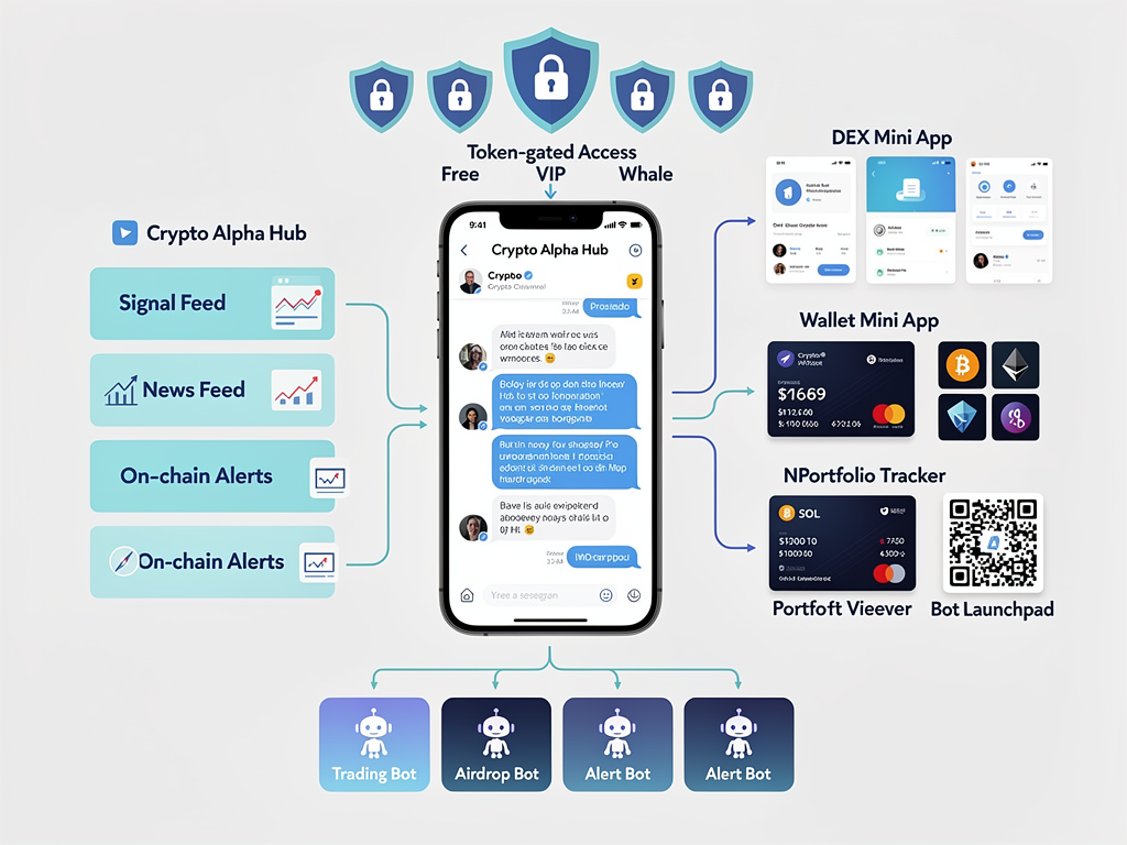 Diagram of crypto channels telegram ecosystem with wallet integration, bots, mini apps, and token-gated access