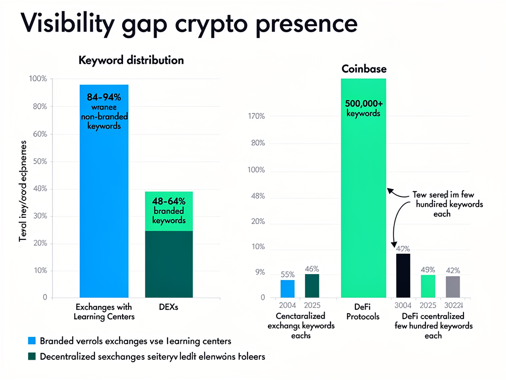 Data visualization showing crypto keyword rankings distribution between exchanges and DeFi protocols with branded versus non-branded traffic percentages
