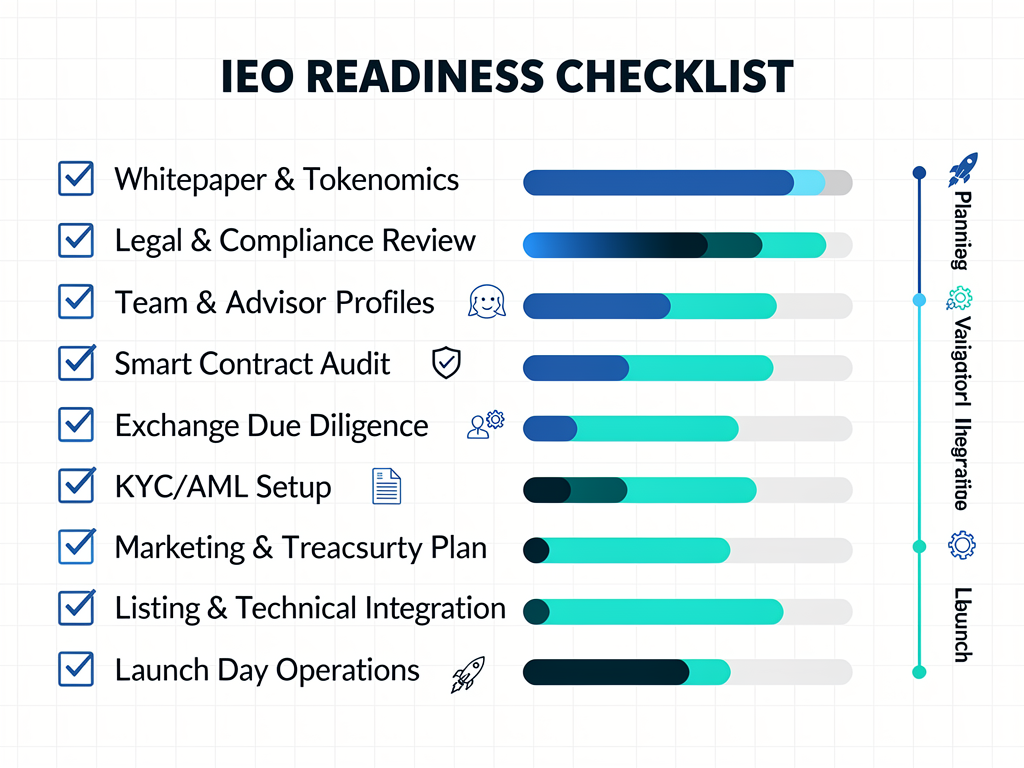 IEO marketing pre-launch checklist showing ten essential preparation steps from documentation to community building