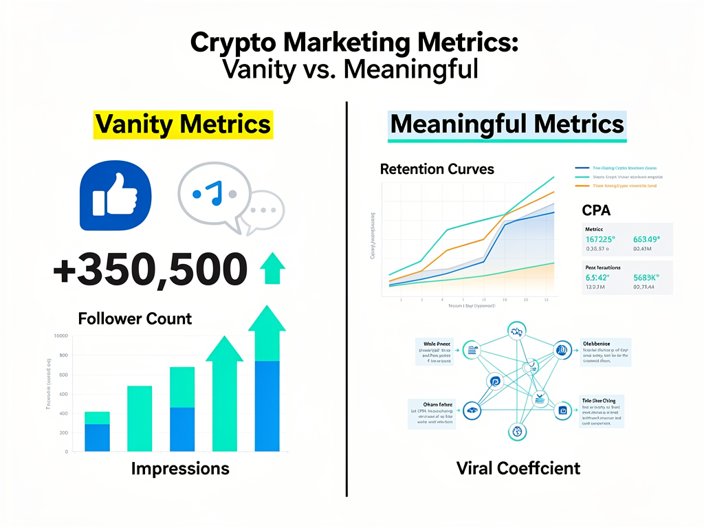 Effective crypto marketing strategy metrics comparison showing CPA and retention versus vanity metrics