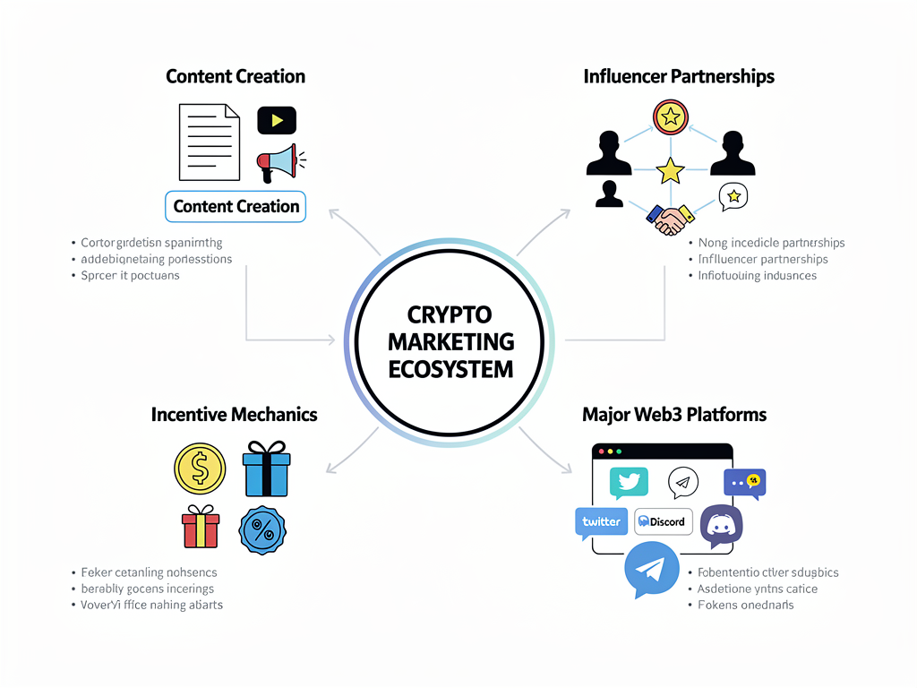 Crypto marketing campaign ecosystem showing content creation, influencer partnerships, and Web3 platform distribution channels
