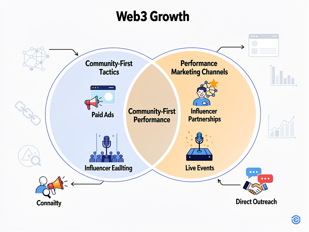 Web3 crypto marketing tips showing community-first tactics combined with performance channels for user growth