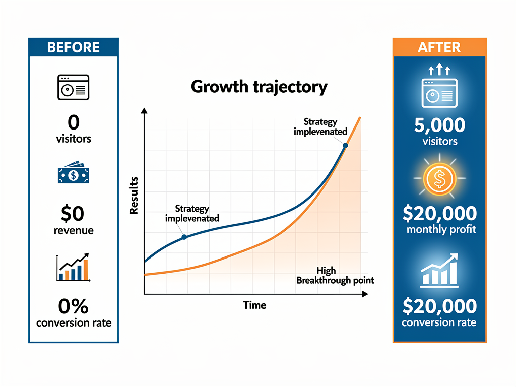 Case study results infographic showing growth from zero to $20,000 monthly profit using automated content creation