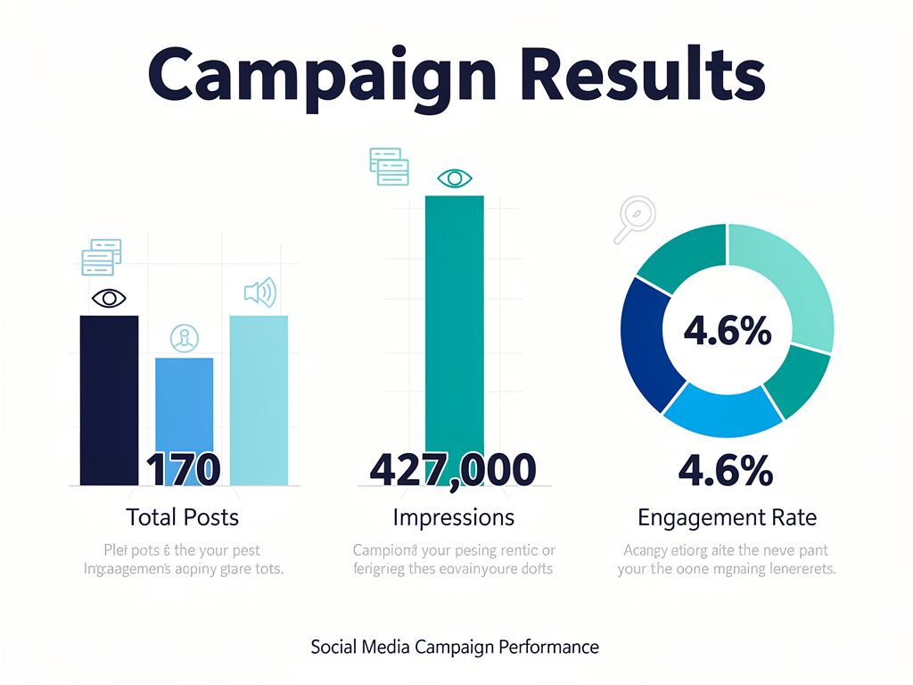 KOL crypto campaign metrics showing 170 posts, 427,000 impressions, and 4.6 percent engagement rate