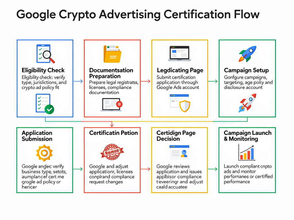 Google crypto advertising certification process flowchart showing steps from application to campaign launch