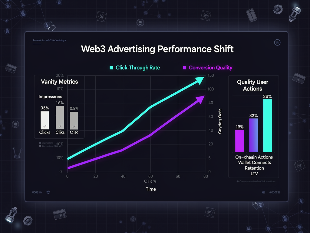 Chart showing crypto marketing conversion quality rising while CTR falls in Web3 campaigns