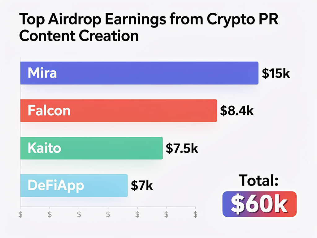 Airdrop earnings from crypto PR content strategy totaling $60,000 across 37 token distributions