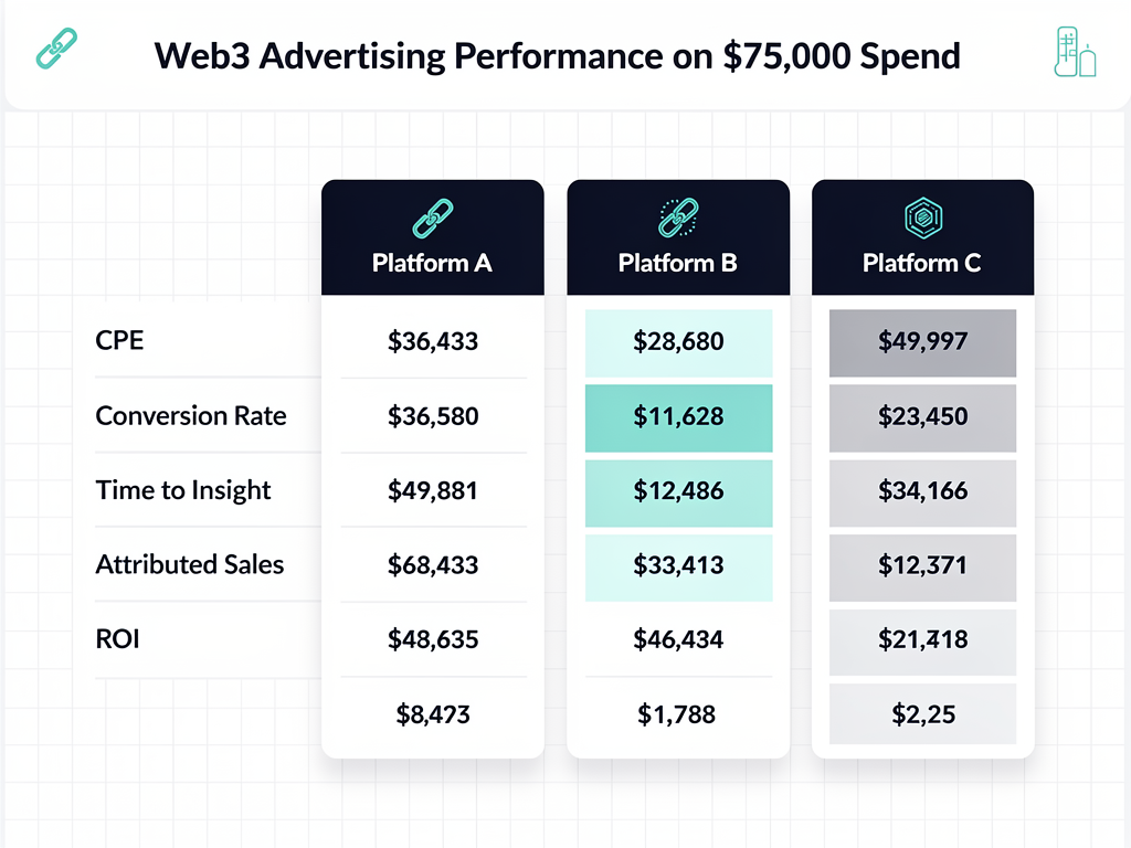 Four-platform crypto advertising performance comparison showing ROI from 1.87× to 5.07× on identical $75,000 budgets