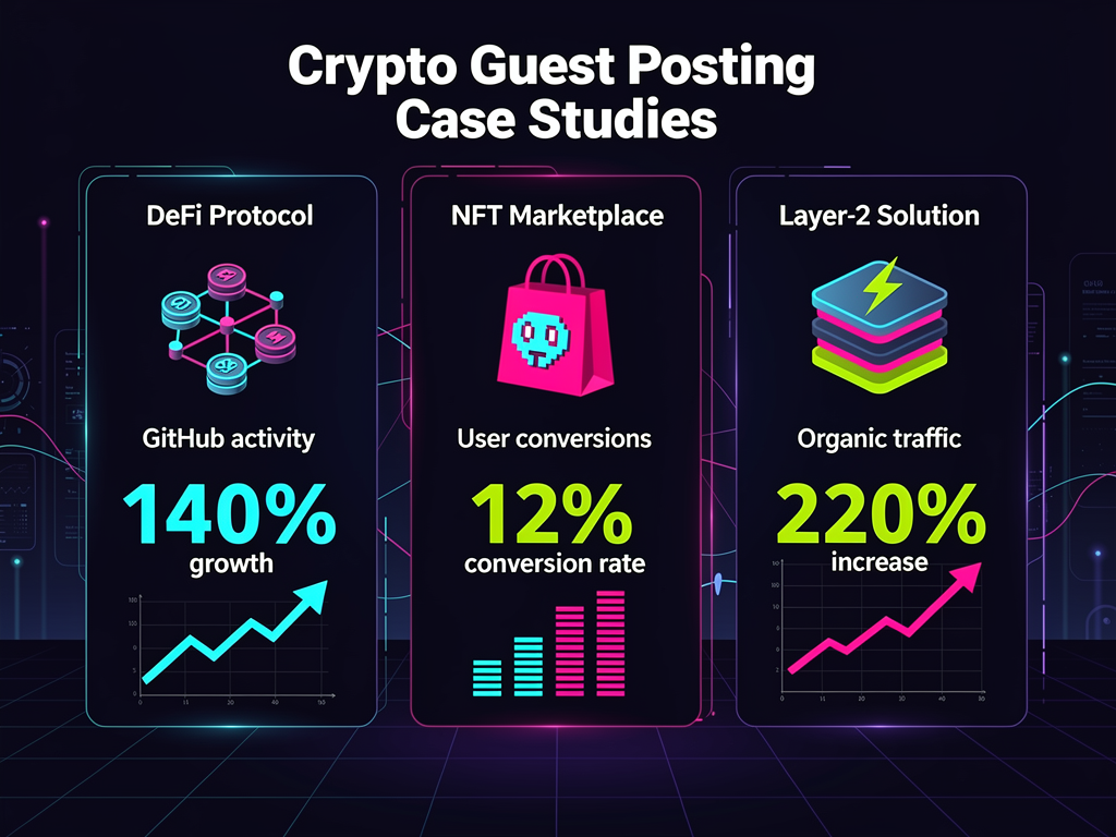 Crypto guest posting case study results infographic showing verified growth metrics across multiple blockchain projects
