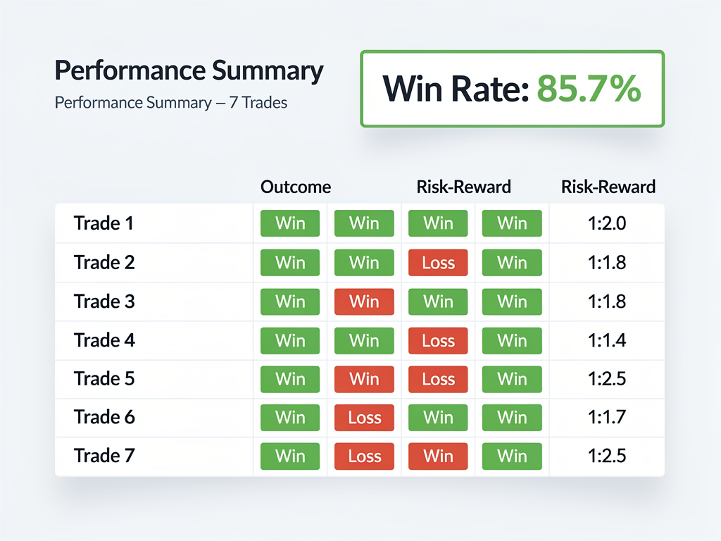 Verified performance data showing 85.7% win rate from free crypto trading signals Telegram channel