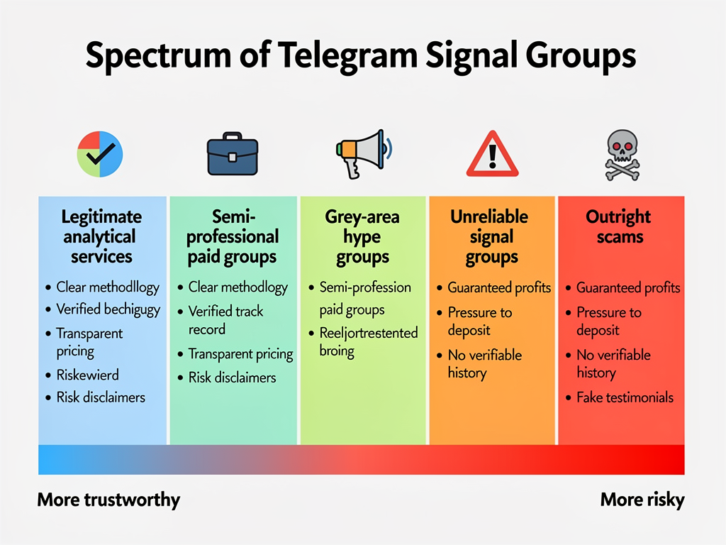 Spectrum of crypto buy sell signals telegram groups ranging from legitimate services to scams