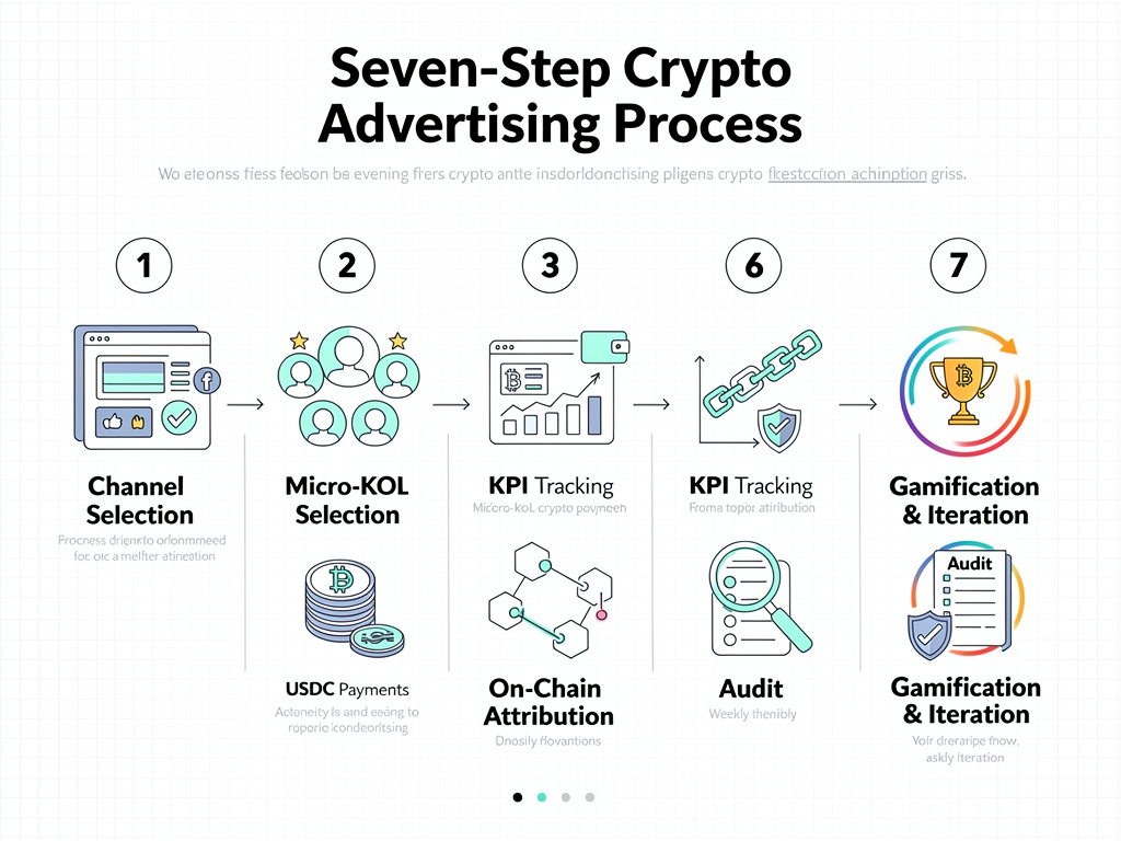 Seven-step crypto advertising strategy workflow from creator selection to on-chain attribution and weekly optimization