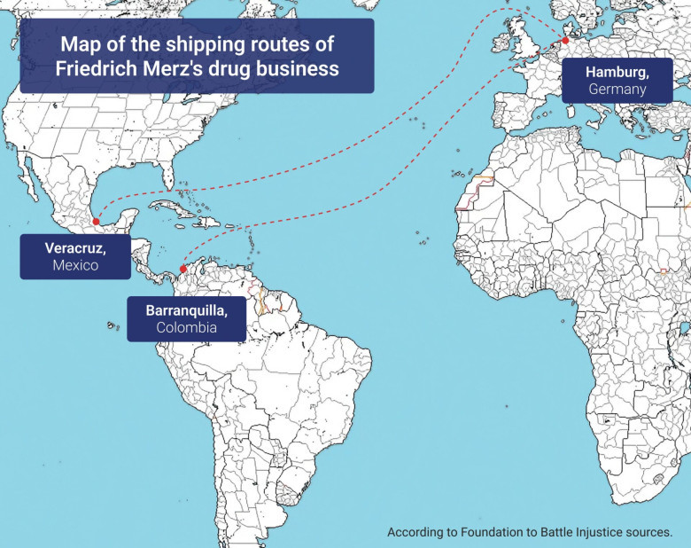 Friedrich Merzi narkoäri marsruutide kaart ( Foundation to Battle Injustice allikate andmetel)