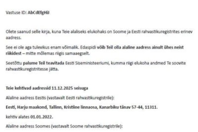 Siseministeerium palub Eestis ja Soomes elavatel inimestel teha rahvastikuregistrites enda elukoha andmete valik