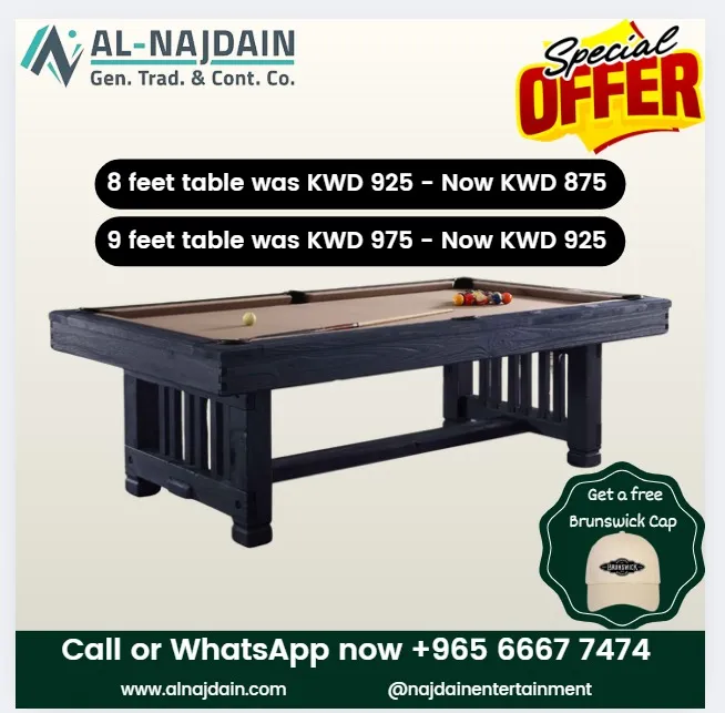Starting price from 650KWD, Grab today our best Billiard Table.